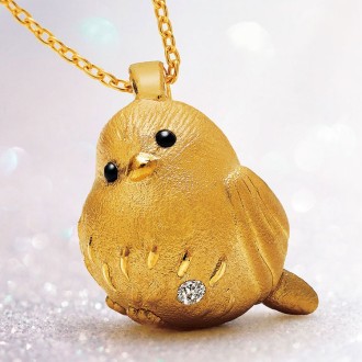雪の妖精 純金のシマエナガ ダイヤモンド入り 24金製宝飾ペンダント