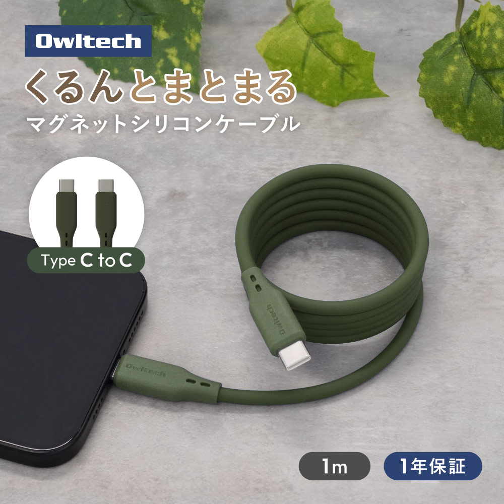 柔らかく磁力でまとまる USB Type-C to USB Type-C マグネットシリコンケーブル アッシュグリーン PD60W充電／データ転送