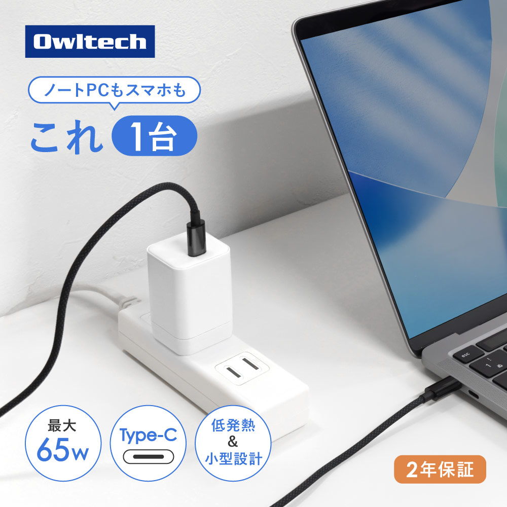 最大PD65W出力 AC充電器 USB Type-C×1 ホワイト GaN採用