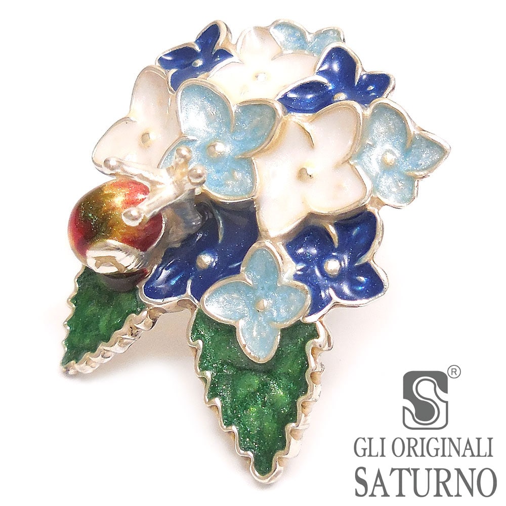 SATURNO サツルノ ピンブローチ ラペルピン あじさい 紫陽花 青/白 シルバー925 エナメル彩色 イタリア製 メンズ レディース 青/白