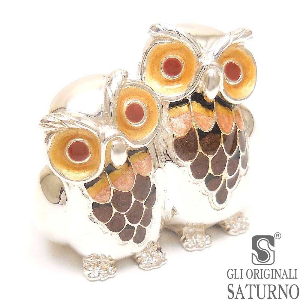 SATURNO サツルノ 置き物 オブジェ シルバー925 フクロウのつがい エナメル彩色 イタリア製