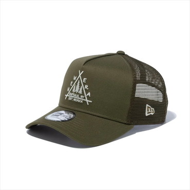 ニューエラジャパン 帽子 9FORTY A-Frame トラッカー Triangle Woods Logo モス 56.8-60.6cm