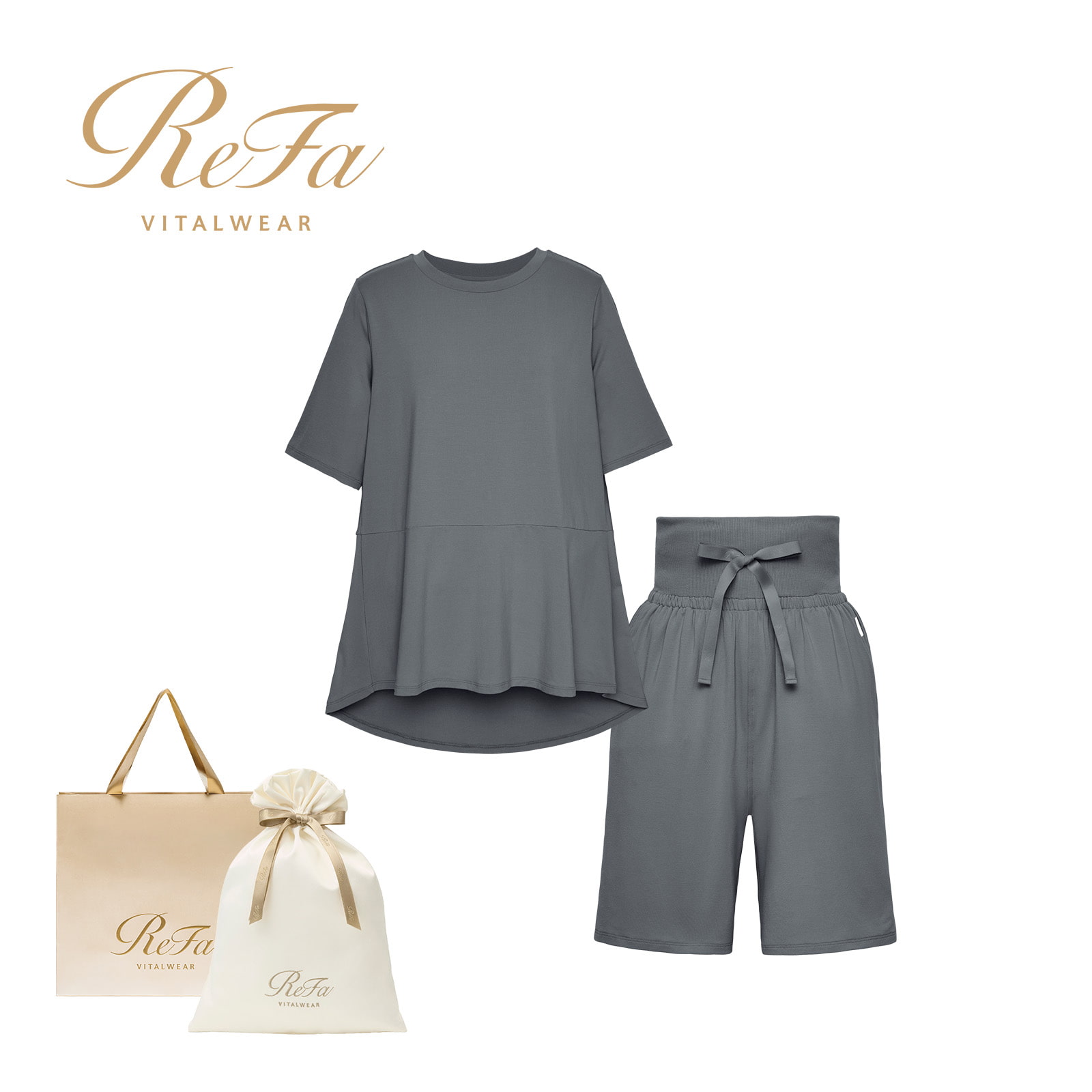 【ReFa VITALWEARギフトラッピングセットL + ショッパーM】リファ バイタルテック ストレッチスムース ショートスリーブプルオーバー&ストレッチスムース ショートパンツ/WOMEN ダークグレー S