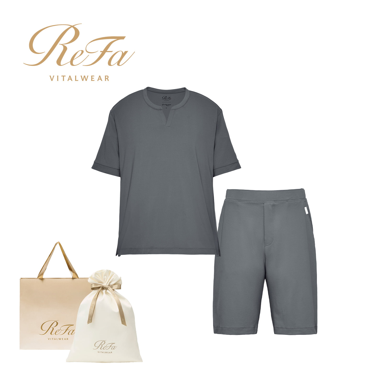 【ReFa VITALWEARギフトラッピングセットL + ショッパーM】リファ バイタルテック ストレッチスムース ショートスリーブプルオーバー&ストレッチスムース ショートパンツ/MEN ダークグレー S