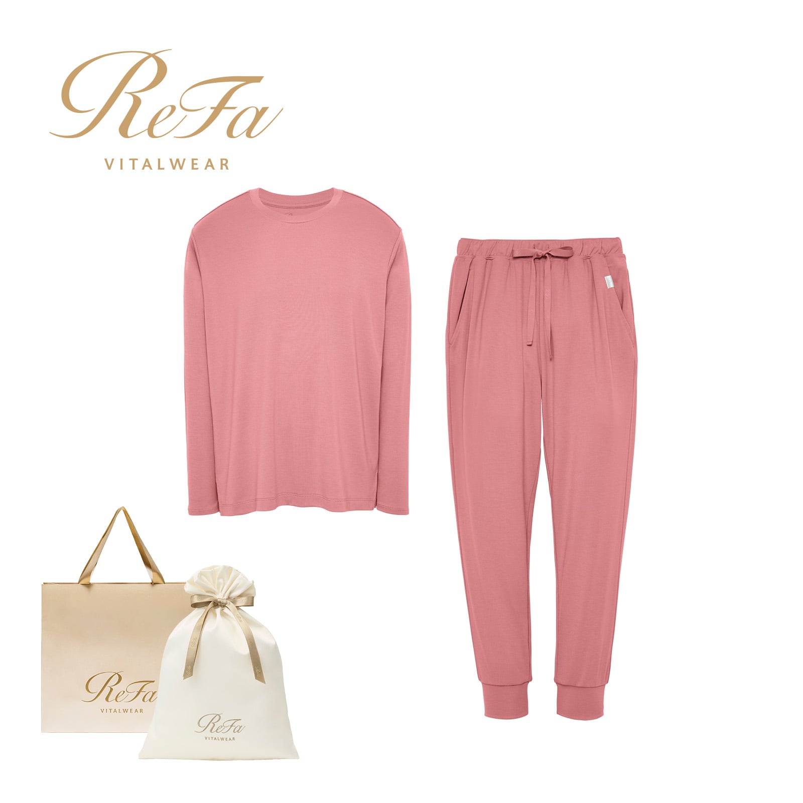 【ReFa VITALWEARギフトラッピングセットL & ショッパーM】リファ バイタルテック モイストスムース ロングスリーブプルオーバー/MEN ピンク S & リファ バイタルテック モイストスムース ジョガーパンツ/MEN ピンク S