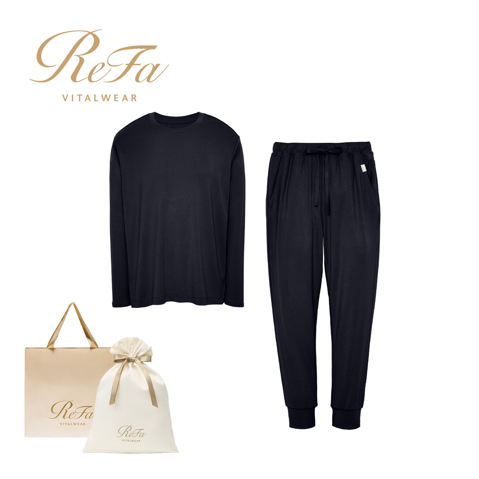 【ReFa VITALWEARギフトラッピングセットL & ショッパーM】リファ バイタルテック モイストスムース ロングスリーブプルオーバー/MEN ネイビー S & リファ バイタルテック モイストスムース ジョガーパンツ/MEN ネイビー S