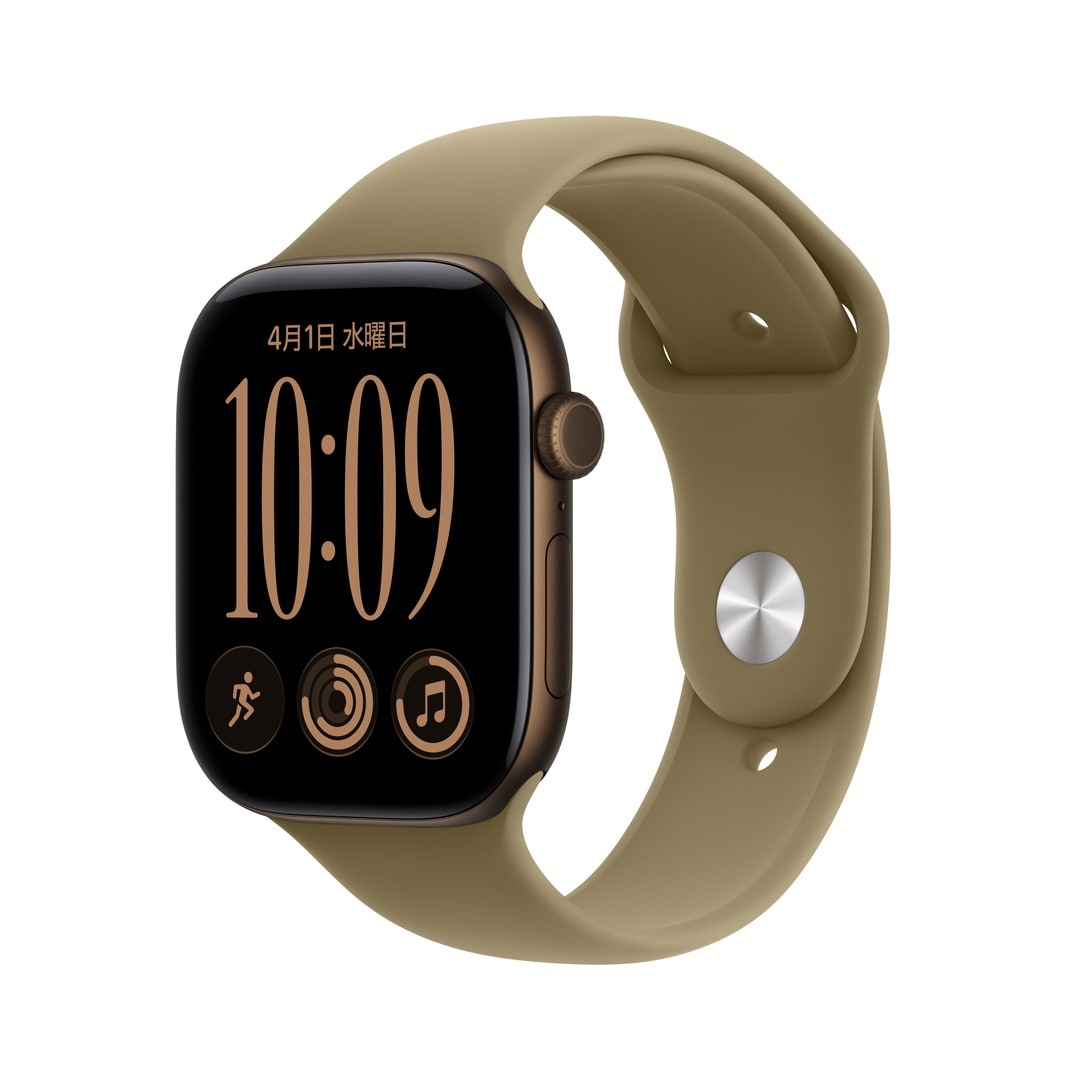 Apple Watch Series 12（GPSモデル）- 46mmダークブロンズアルミニウムケースとオリーブスポーツバンド - M/L