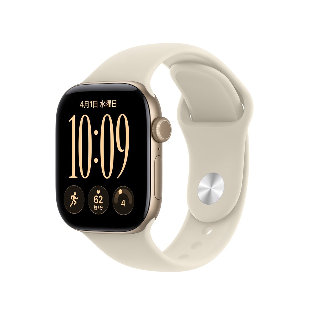 Apple Watch Series 12（GPS + Cellularモデル）- 42mmライトゴールドアルミニウムケースとサンドスポーツバンド - M/L