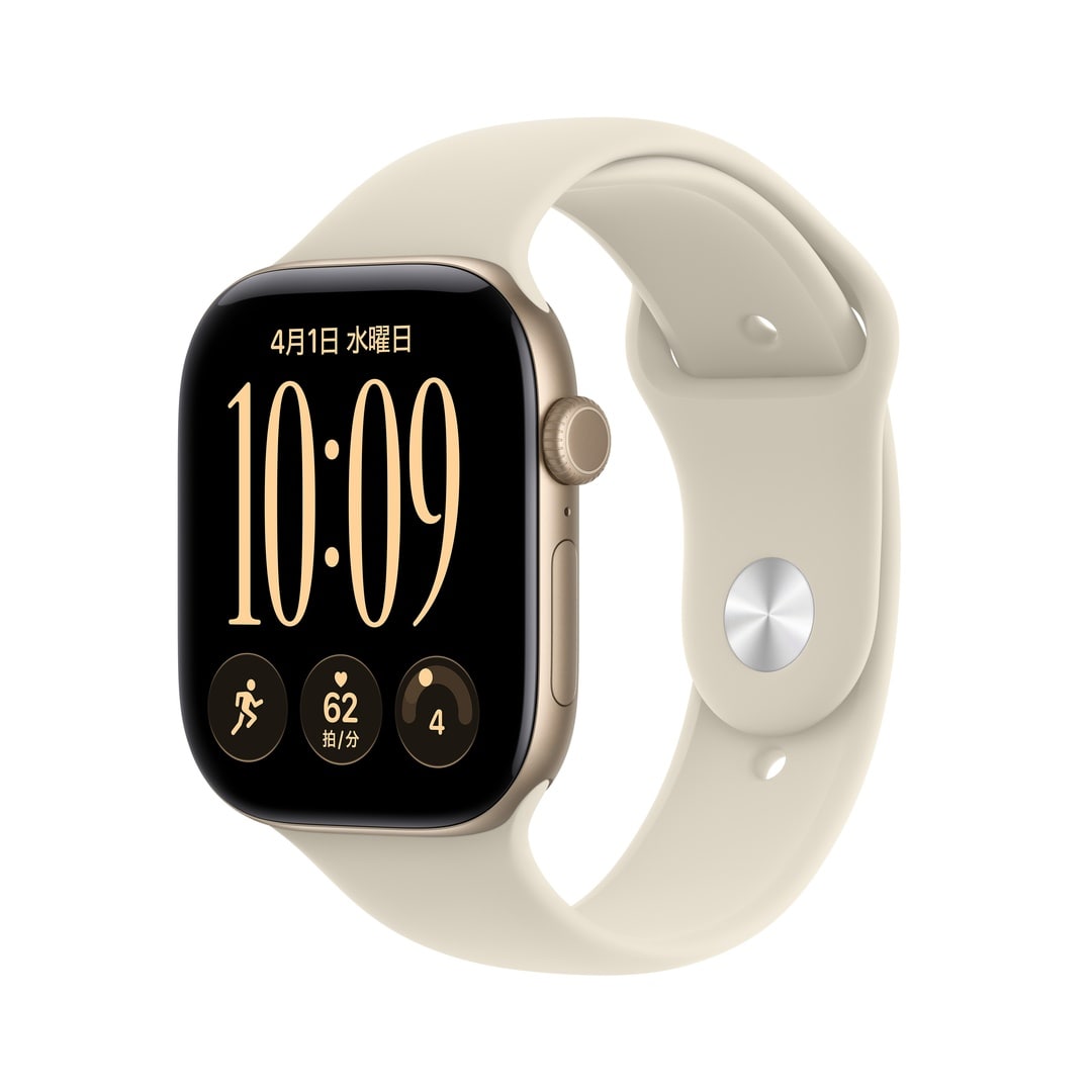 Apple Watch Series 12（GPS + Cellularモデル）- 46mmライトゴールドアルミニウムケースとサンドスポーツバンド - M/L