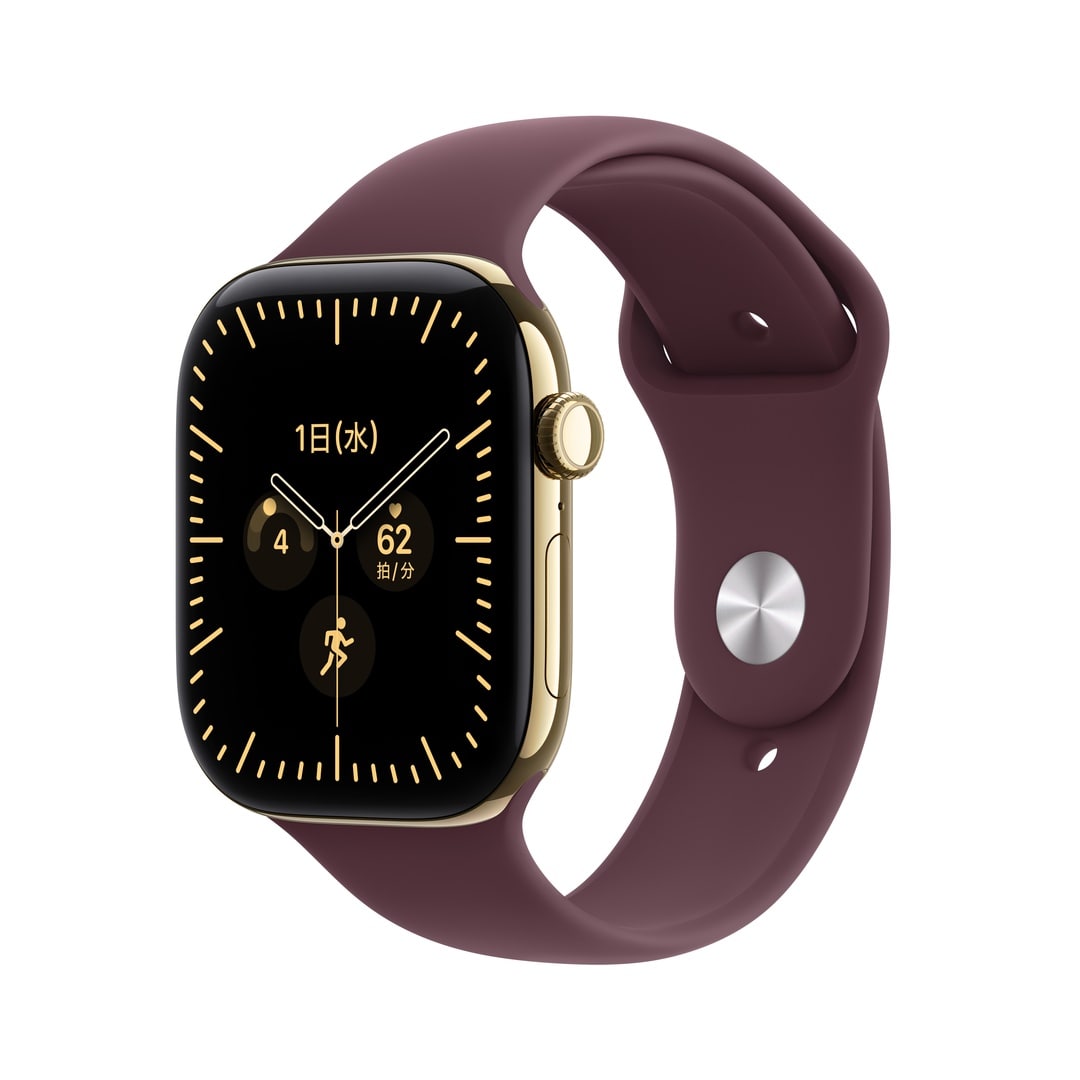 Apple Watch Series 12（GPS + Cellularモデル）- 46mmラディアントゴールドチタニウムケースとバーガンディスポーツバンド - S/M