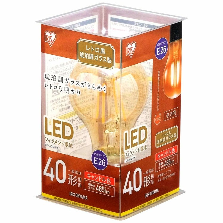 [ノーマルレトロ]LEDフィラメント電球 レトロ風琥珀調ガラス製 40形相当 キャンドル色 非調光 LDA4C-G-FK