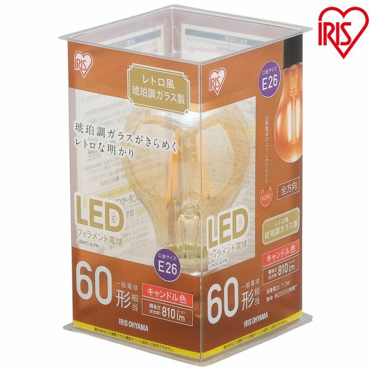 [ノーマル レトロ]キャンドル色 LEDフィラメント電球 レトロ風琥珀調ガラス製 60形相当 LDA7C-G-FK