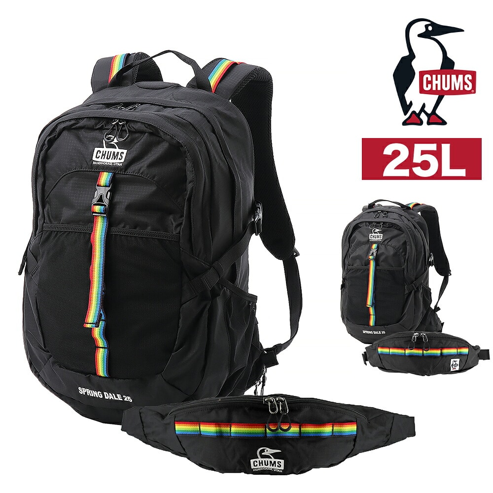 チャムス バッグ リュック バックパック ザックパック 登山 CHUMS スプリングデール25 25L A4サイズ CH60-3997 CH60-4098  1.ブラックxレインボー(2026型番) -604098k042