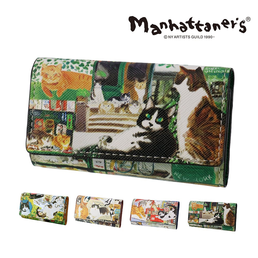 マンハッタナーズ キーケース 4連 三つ折り manhattaner's ライブリーパース 0751661 4.緑と猫 -0751661-0072