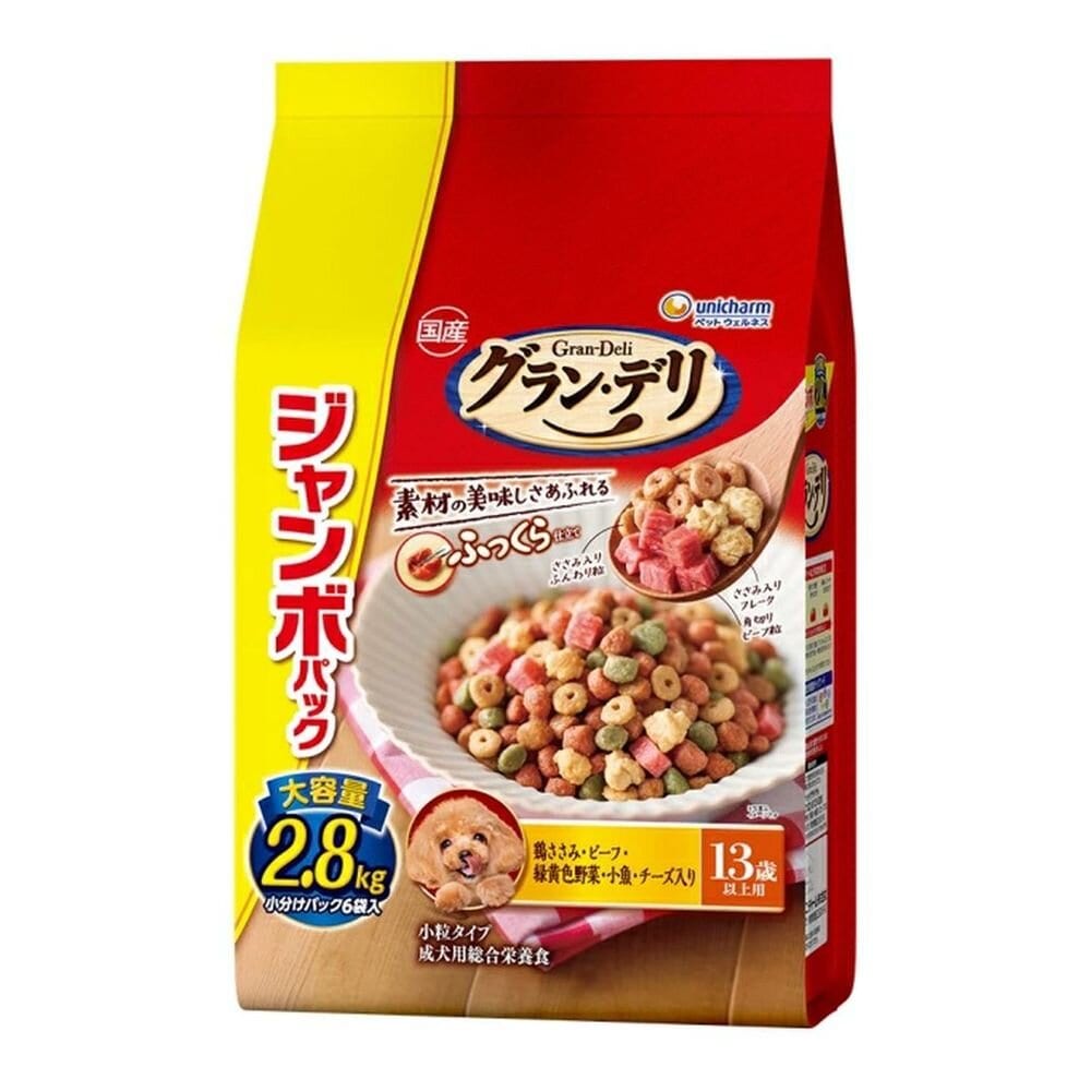 ユニ・チャーム グラン・デリ ふっくら仕立て 13歳以上用 鶏ささみ・ビーフ・緑黄色野菜・小魚・チーズ・角切りビーフ粒入り 2.8kg（小分けパック6袋入）