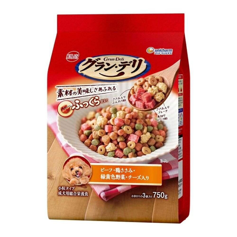 ユニ・チャーム グラン・デリ ふっくら仕立て ビーフ・鶏ささみ・緑黄色野菜・チーズ・角切りビーフ粒入り 750g