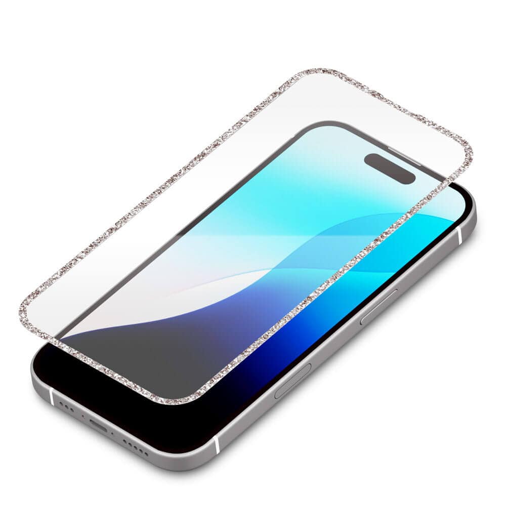 PGA iPhone16Pro用 液晶全面保護ガラス ラメフレーム シルバー/高透明 PG-24BGLL02SV 13g