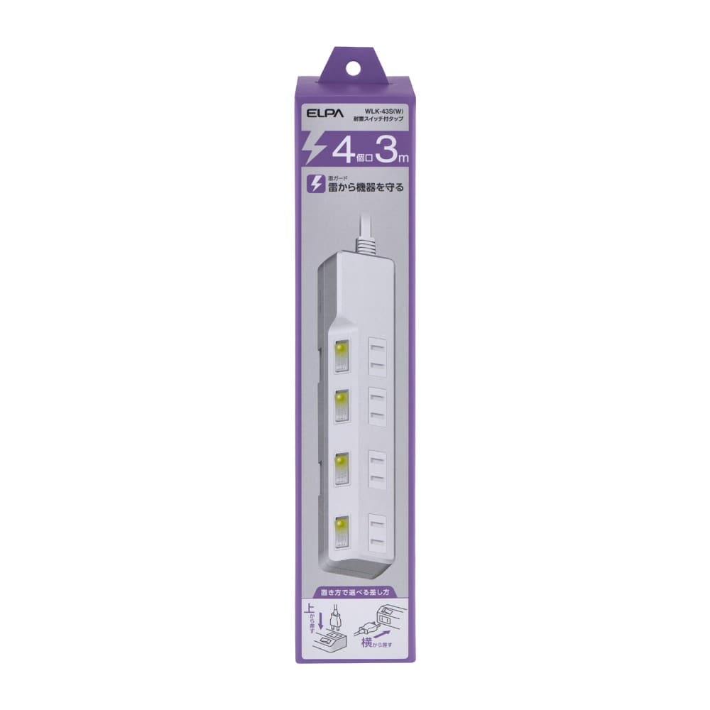 エルパ ELPA 耐雷スイッチ付タップ 4個口3M WLK-43S（W）