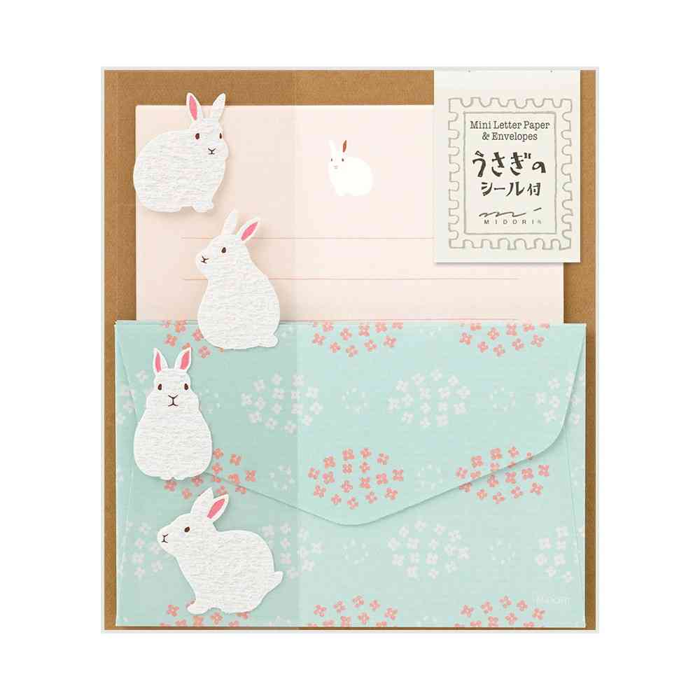 ミドリ ミニレターセット514 シール付 うさぎ柄A 便箋／12枚入、封筒／4枚入、シール／1シート入