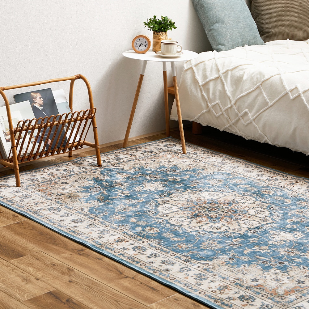 アンティーク絨毯風プリントラグ カメオ  ブルー130×190  【直送品】 返品・キャンセル・他商品と同時購入は不可