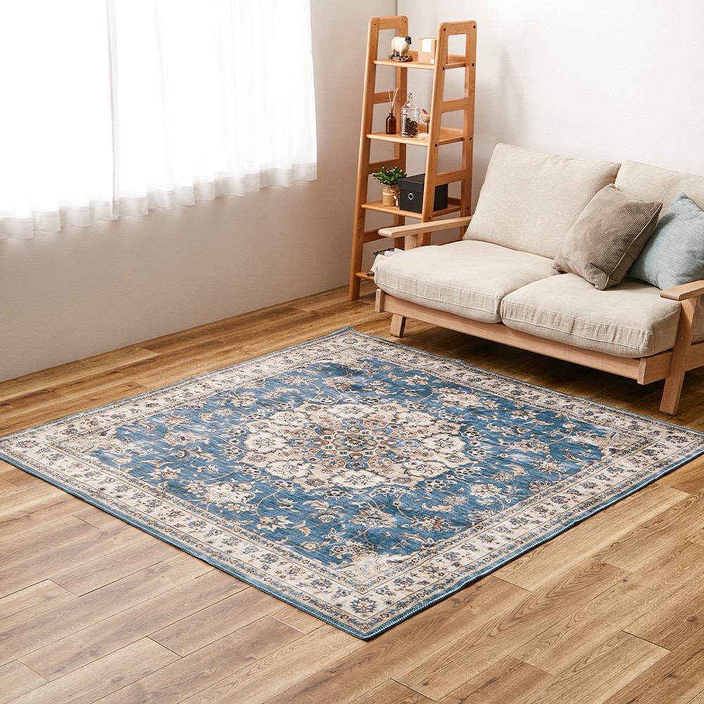 アンティーク絨毯風プリントラグ カメオ  ブルー190×190  【直送品】 返品・キャンセル・他商品と同時購入は不可