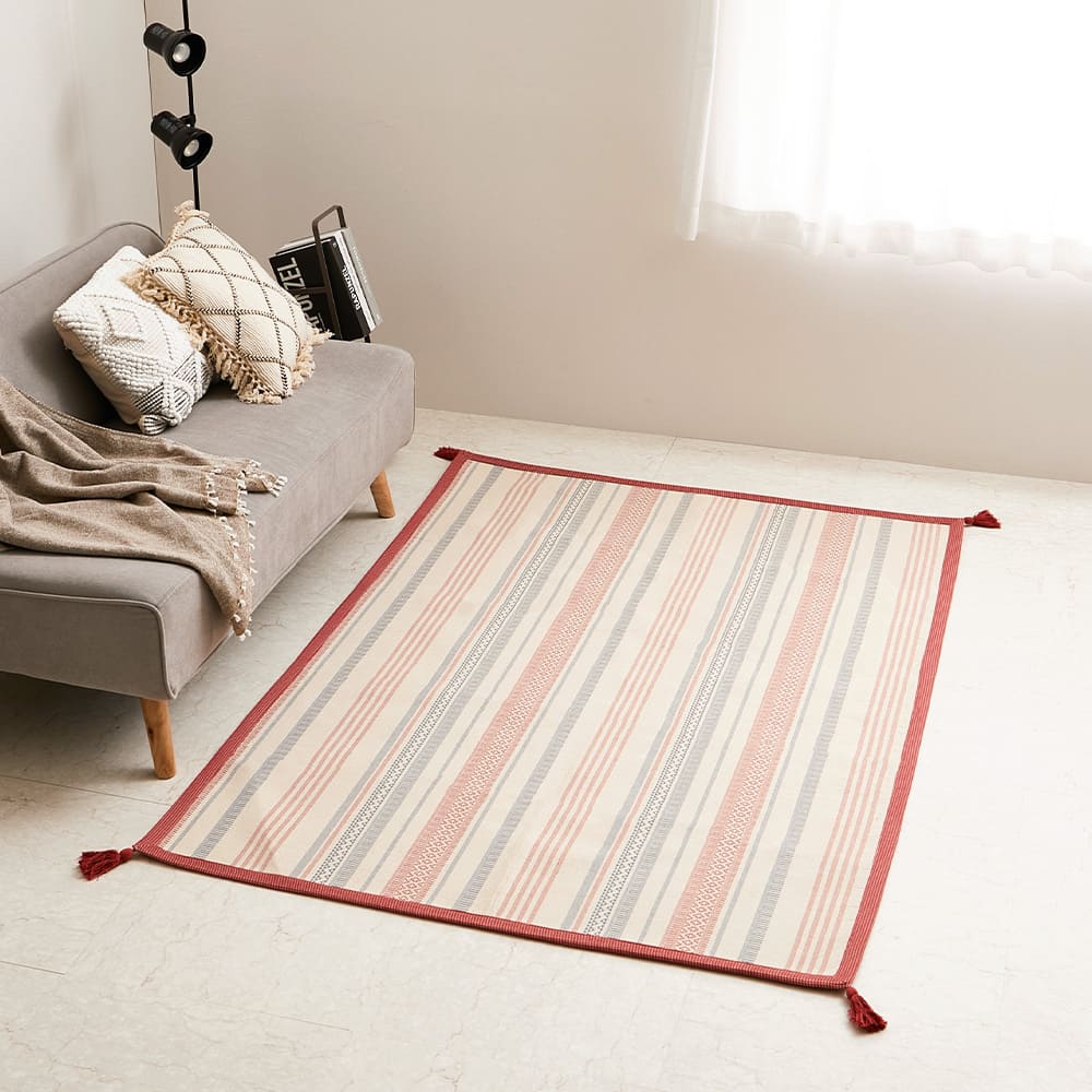 洗えるインド綿ラグ すべり止め付き レッド 130×185  【直送品】 返品・キャンセル・他商品と同時購入は不可