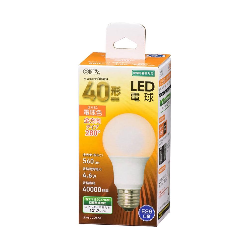 オーム電機 LED電球 A型 E26 40W
