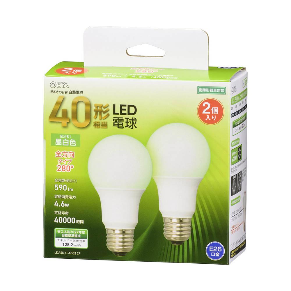 オーム電機 LED電球 A型 E26 40W 2P