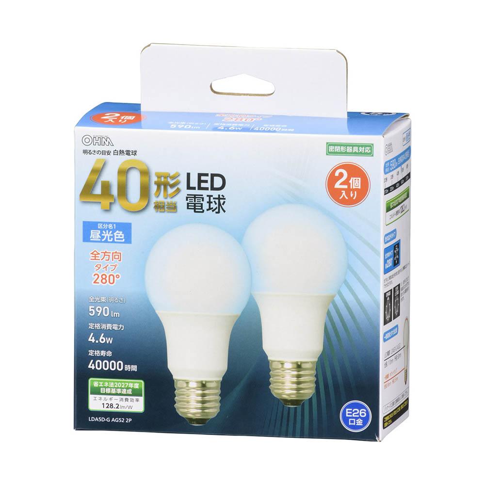 オーム電機 LED電球 A型 E26 40W 2P