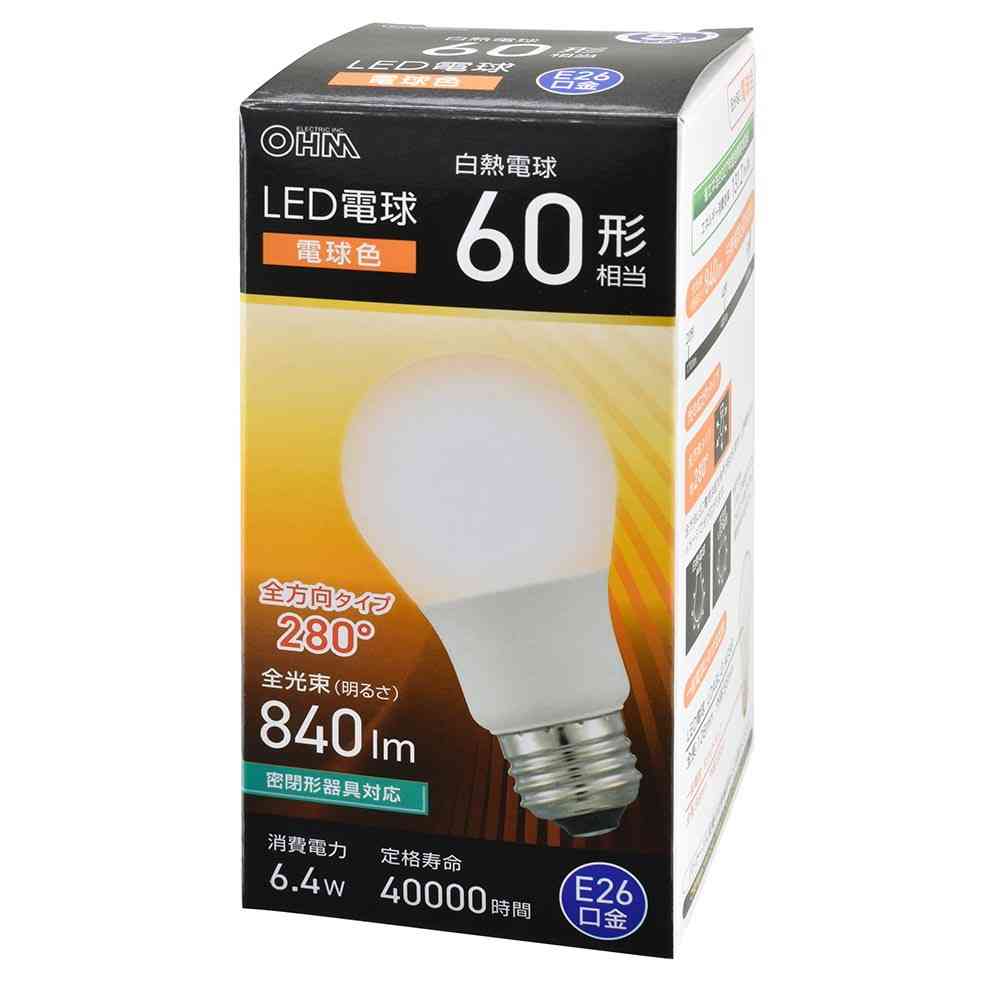 オーム電機 LED電球 E26 60形相当 電球色 1個