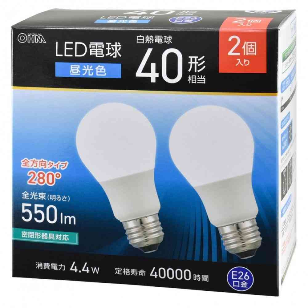 オーム電機 LED電球 40形相当昼光色 2個入