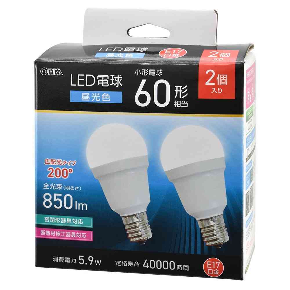 オーム電機 LED電球小形 60形昼光色 2個入