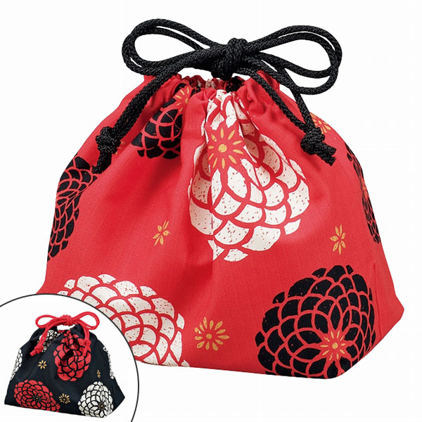お弁当袋 HAKOYA 百華 巾着袋 （ 和柄 和モダン 菊 日本製 大人 女性 男性 弁当包み ランチボックス巾着 ） 【 黒 】