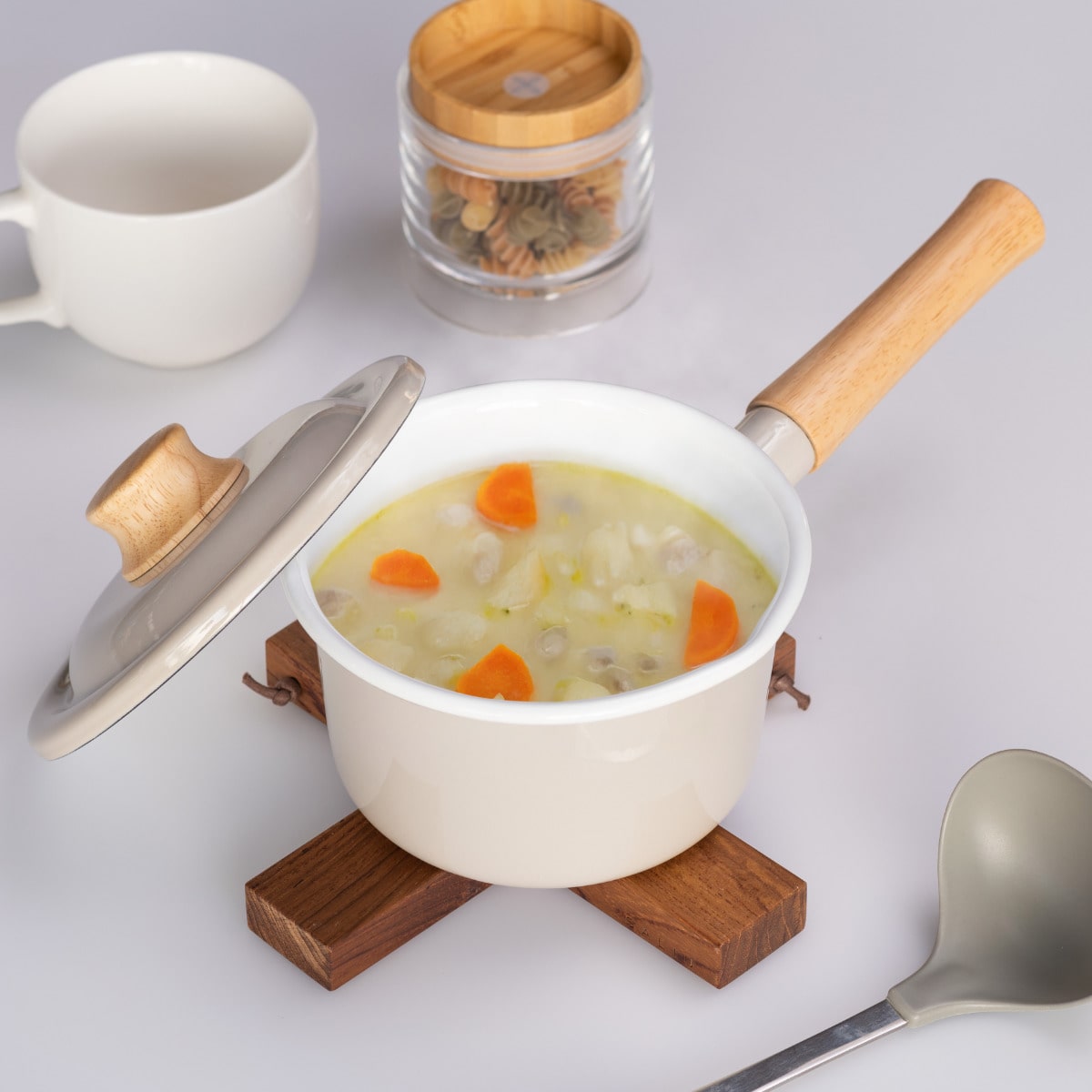ミルクパン 14cm IH対応 Cotton Plus 富士ホーロー Honey Ware ( ハニーウェア ガス火対応 片手鍋 琺瑯鍋 14センチ ソースパン ほうろう鍋 蓋付き 両口 目盛り付き 小鍋 ミニ 片手なべ 調理器具 おしゃれ ) 【アッシュブルー】 アッシュブルー