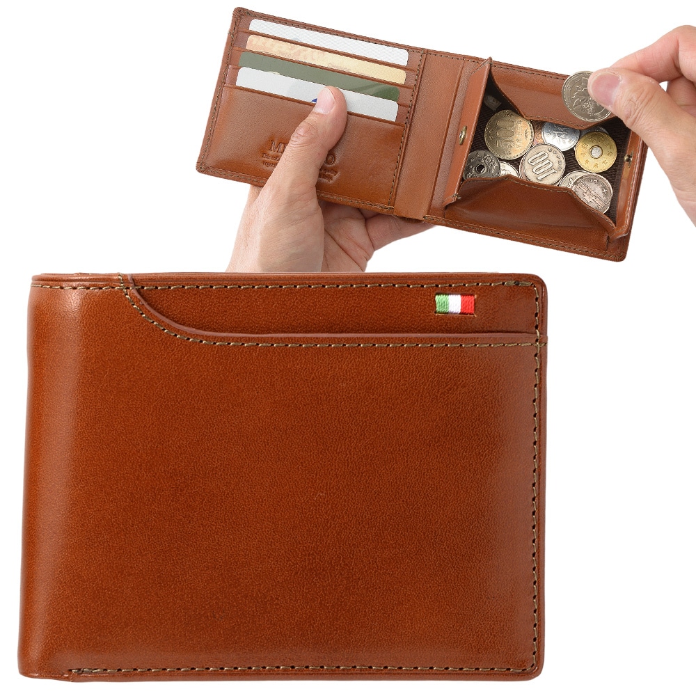 MILAGRO・イタリアンレザー2つ折り財布 BOX小銭入れ付き・ブラウン