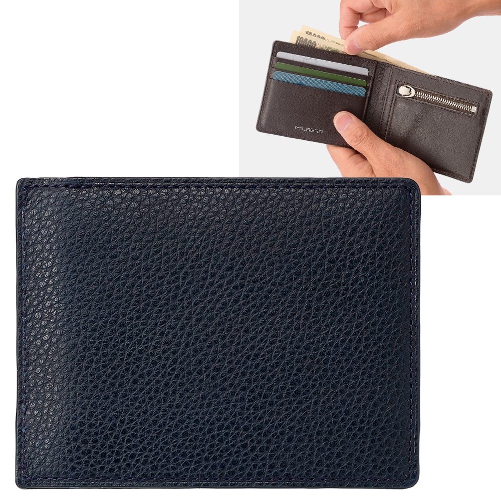MILAGRO 姫路産シュリンクレザー　スマートウォレット　小銭入つき・ネイビー×ブルー