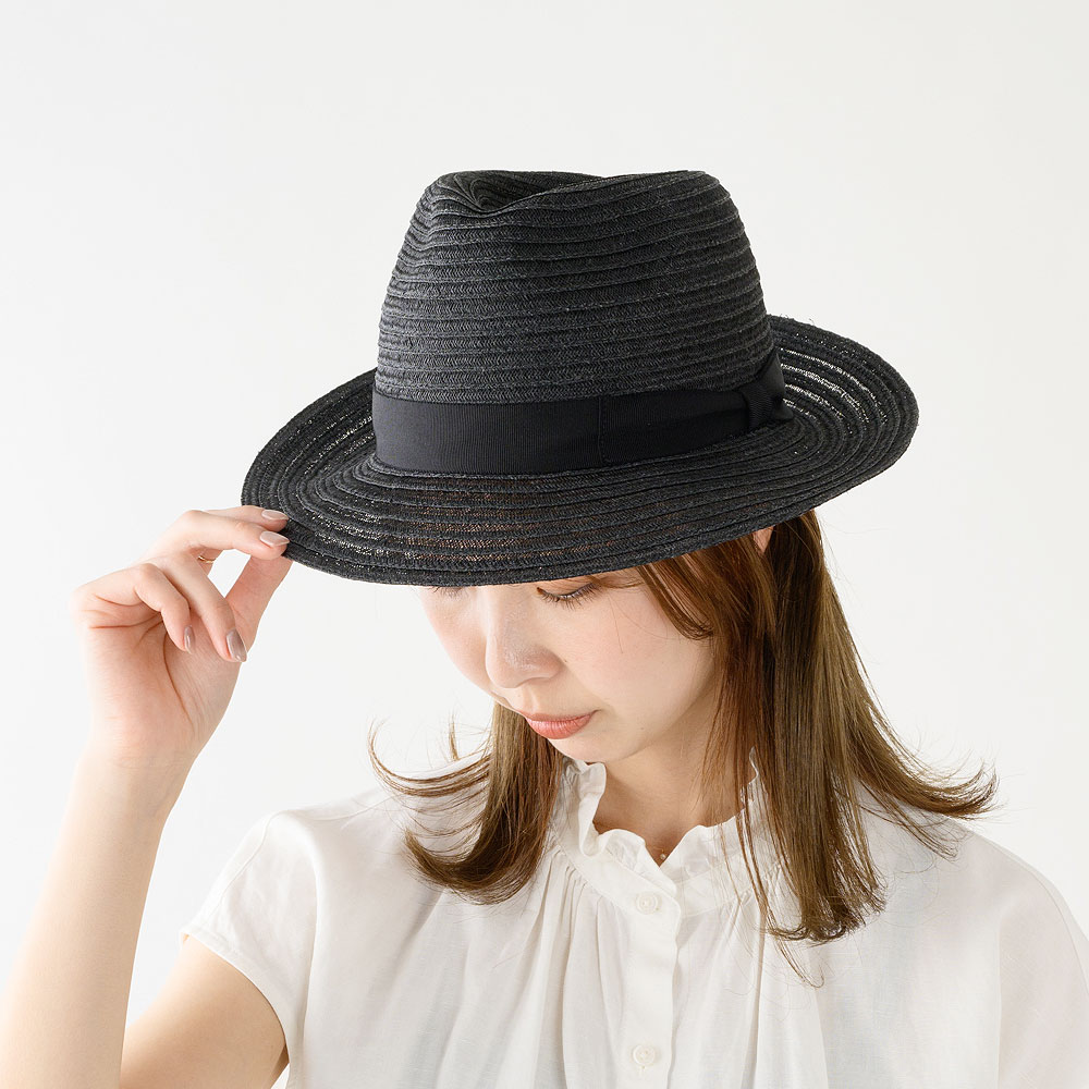 岡本帽子 マニラ麻・中折れ帽子・ブラック