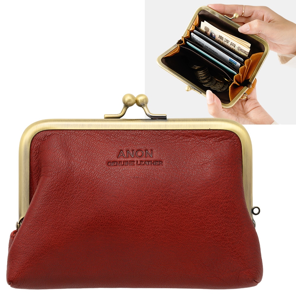 ANON ゴートレザー がま口財布・レッド