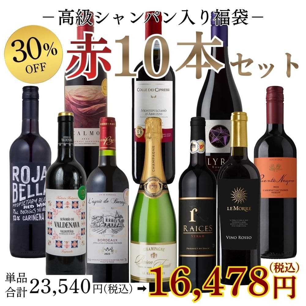 大奉仕!福袋高級シャンパン入り赤ワイン10本セット