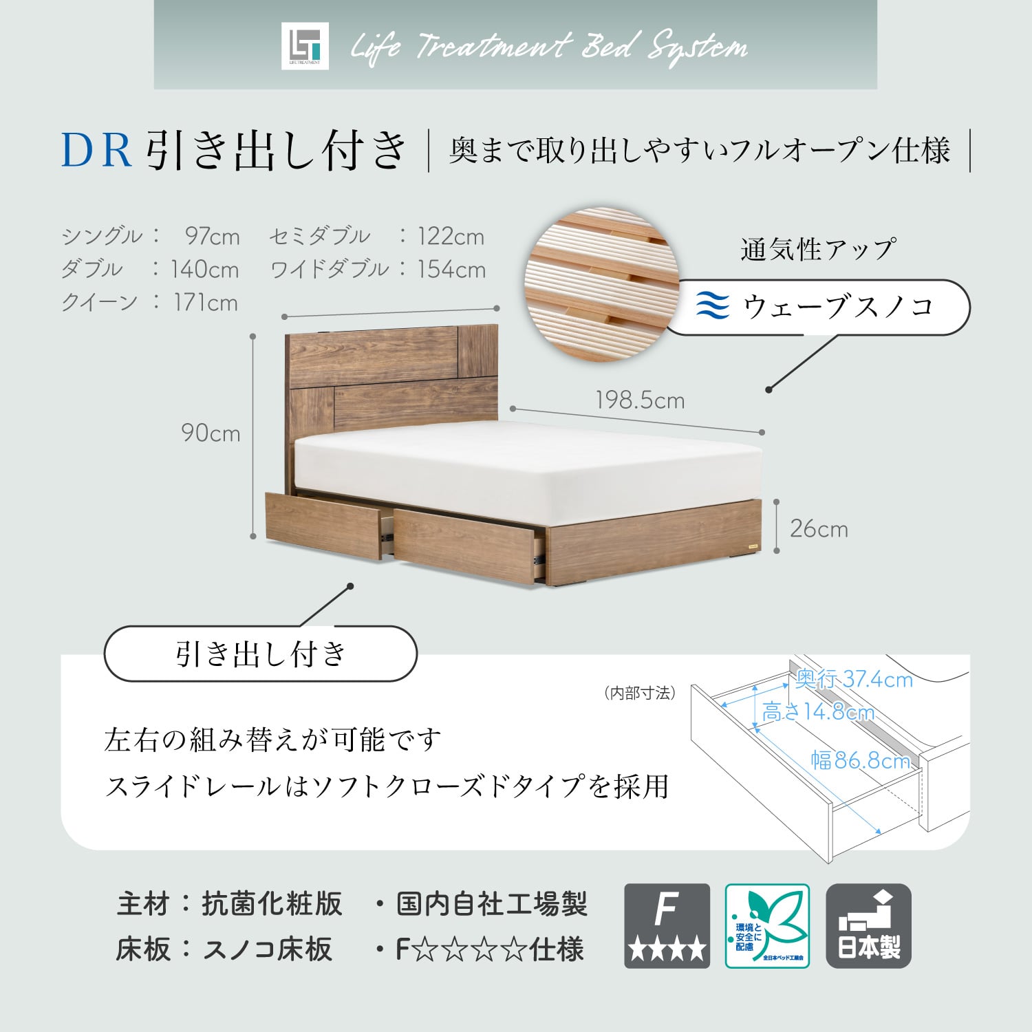 クイーンベッドフレーム グレー色 LT-101F DR(引き出し付) グレー クイーン